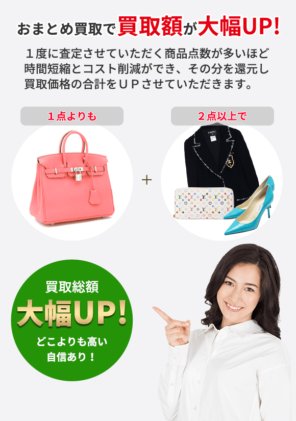 おまとめ買取で買取額が大幅UP! １度に査定させていただく商品点数が多いほど 時間短縮とコスト削減ができ、その分を還元し 買取価格の合計をＵＰさせていただきます