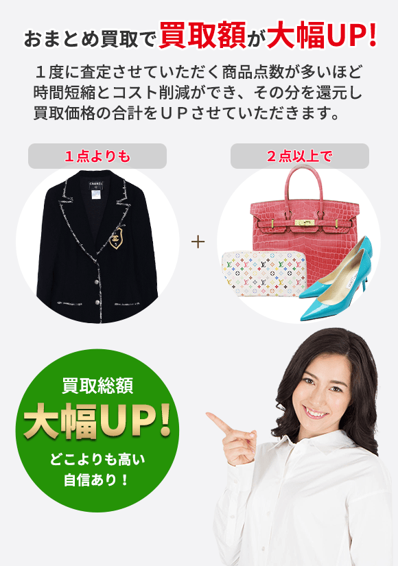 おまとめ買取で買取額が大幅UP! １度に査定させていただく商品点数が多いほど 時間短縮とコスト削減ができ、その分を還元し 買取価格の合計をＵＰさせていただきます